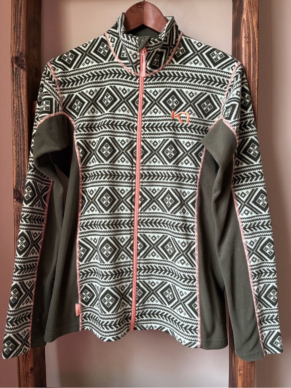 Kari Traa Nordic Fleece Jacket Sz L Olive Geometric Ski Scandinavian Gorpcore
